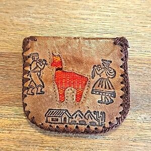 Magnetic Leather Coin Purse - Machu Picchu Llama - Hand Carved Leather-